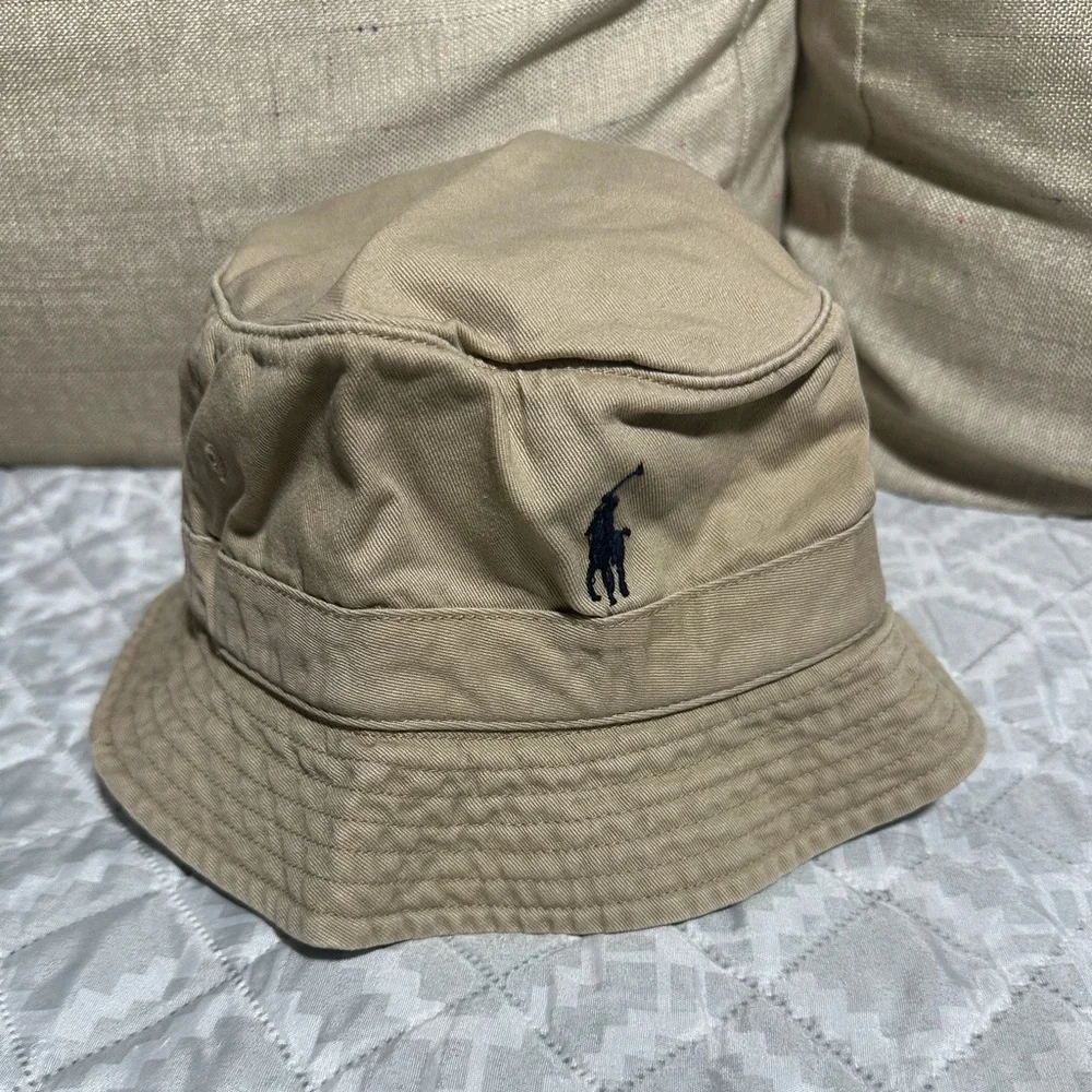 Ralph Lauren Khaki Bucket Hat with Navy Polo Logo